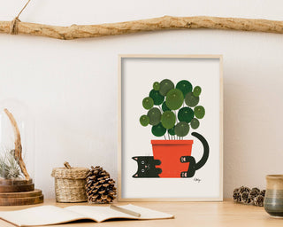 Black Cat Hugging Plant Art Print