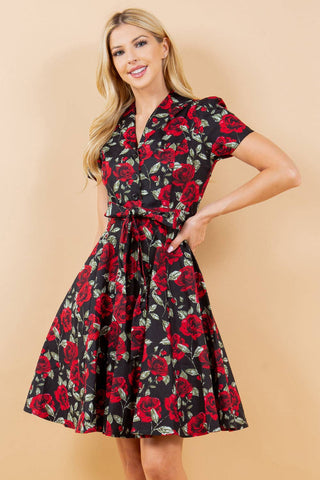 Retro Rose Print Fit & Flare Cotton Dress