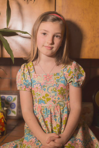 Girls' Puff Sleeve Dress in Blue 60s Psychedelic Floral