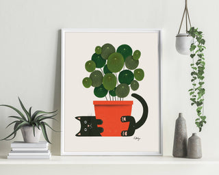 Black Cat Hugging Plant Art Print