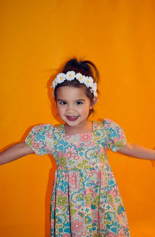 Girls' Puff Sleeve Dress in Blue 60s Psychedelic Floral