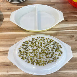 Vintage Pyrex 1960s Verde Olives Divided Casserole Dish with Lid
