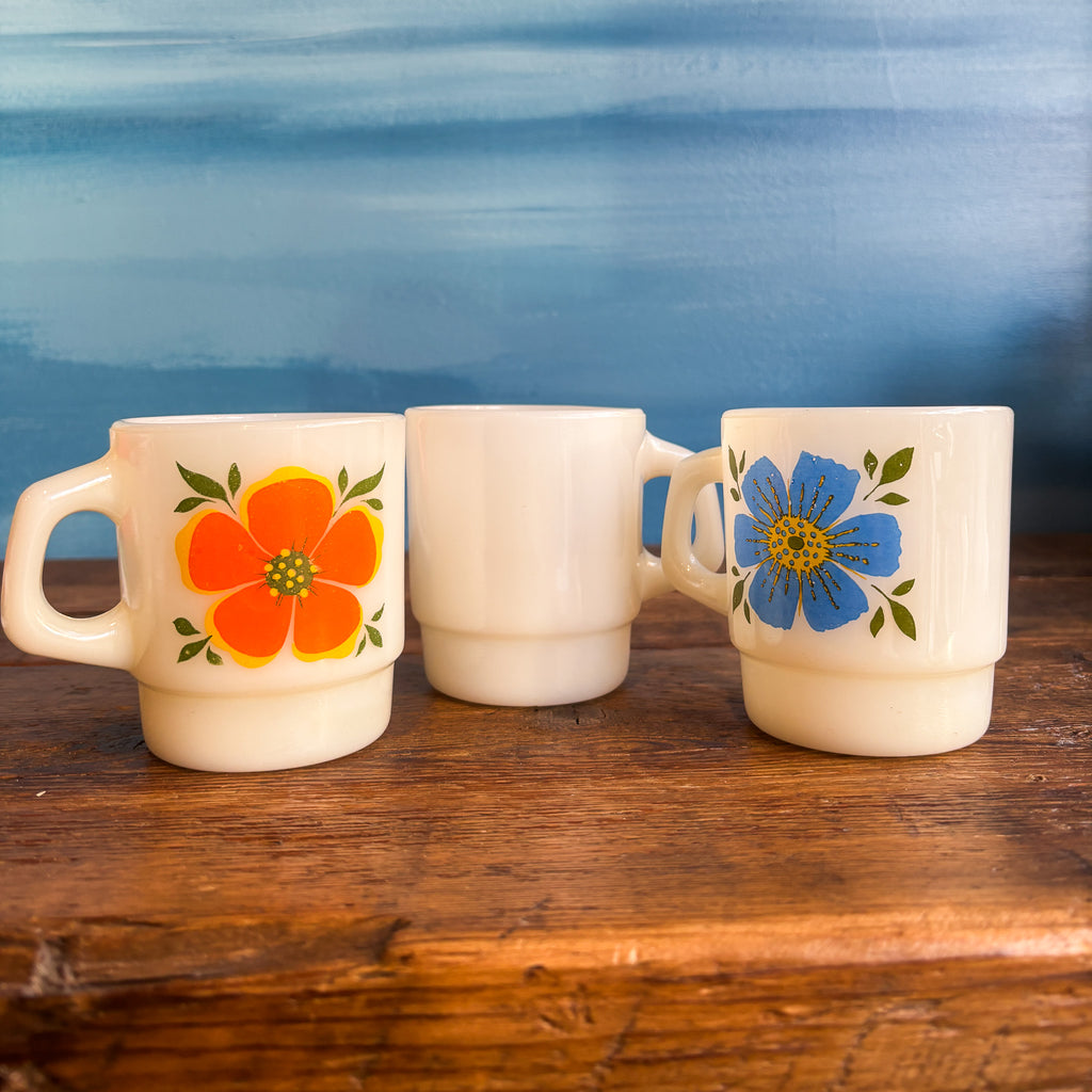 Vintage Fire King Anchor Hocking Flowers Stackable Mugs
