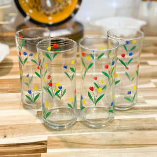 Vintage MCM Flowers Primary Colors Drinking Glasses