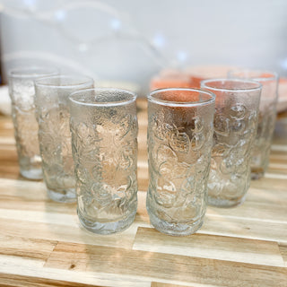 Vintage MCM Embossed Fruit Glass Pitcher & Drinking Glasses Set