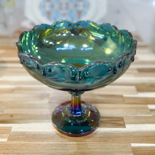 Vintage 1970s MCM Indiana Glass Carnival Blue Teardrop Fruit Compote Pedestal Bowl
