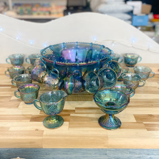 Vintage Indiana Blue Iridescent Carnival Glass Punch Bowl & Cups Set