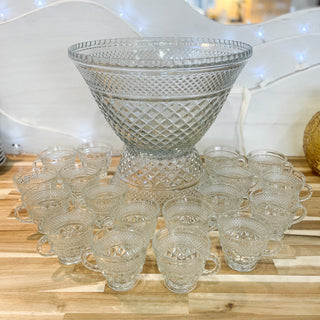Vintage MCM Anchor Hocking Clear Glass Wexford Punch Bowl & Cups Set with Base