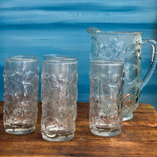 Vintage MCM Embossed Fruit Glass Pitcher & Drinking Glasses Set