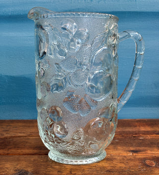 Vintage MCM Embossed Fruit Glass Pitcher & Drinking Glasses Set