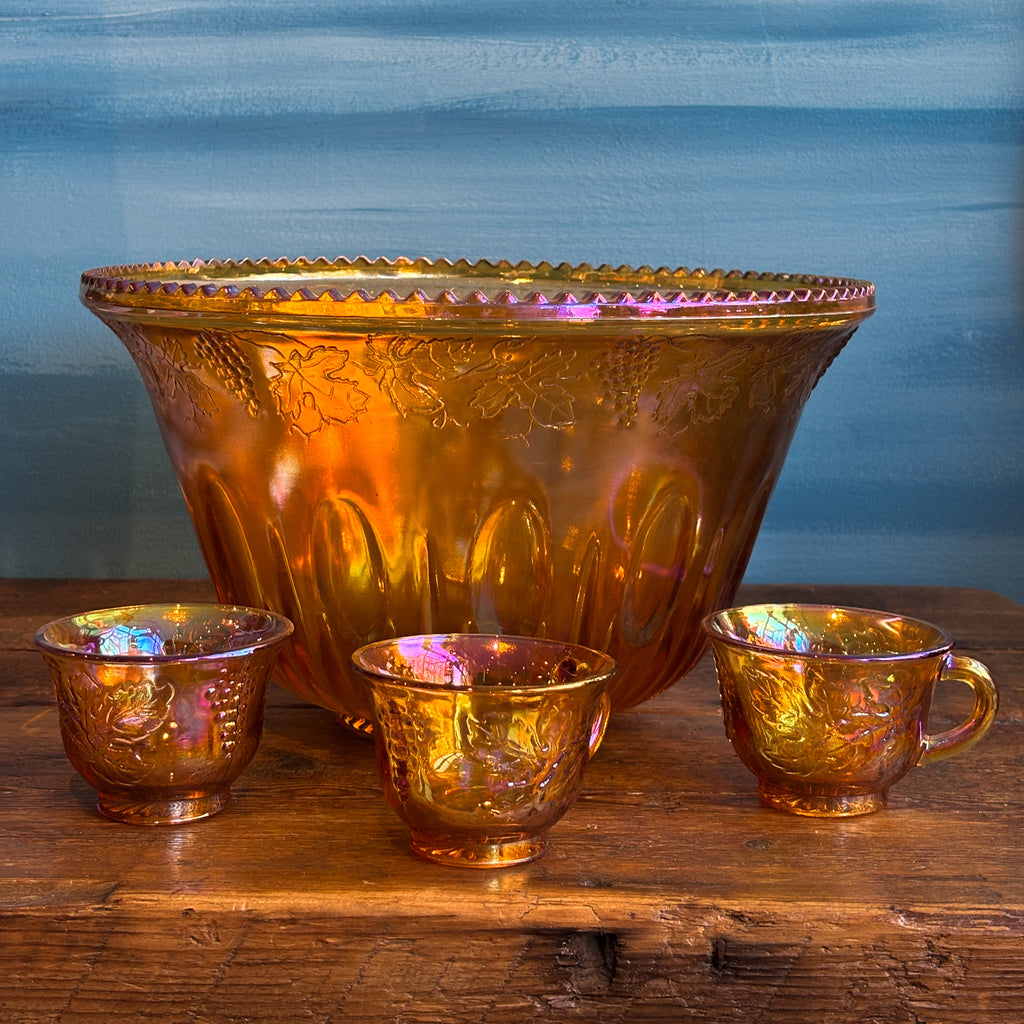 Vintage Indiana Amber Iridescent Carnival Glass Punch Bowl & Cups Set   Little Hippie