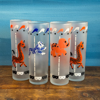 Vintage MCM 1950s Libbey Carousel Animals Frosted Tall Glasses