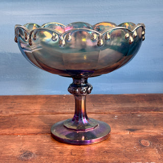 Vintage 1970s MCM Indiana Glass Carnival Blue Teardrop Fruit Compote Pedestal Bowl