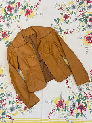 Vintage 1970s Crop Caramel Zip Up Leather Jacket with Beagle Collar