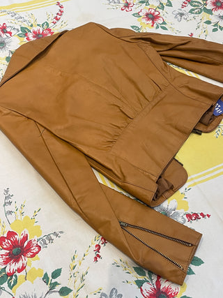 Vintage 1970s Crop Caramel Zip Up Leather Jacket with Beagle Collar
