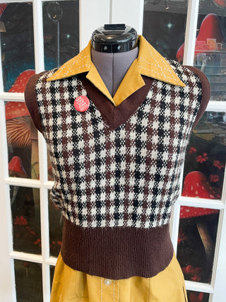 Vintage 1970s Brown Plaid Houndstooth Sweater Vest