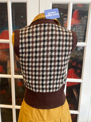 Vintage 1970s Brown Plaid Houndstooth Sweater Vest