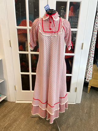 Vintage 1970s Red Stripes Prairie Maxi Long Dress