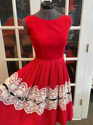 Vintage 1950s 1960s Red Dress With Polka Dot Circle Skirt