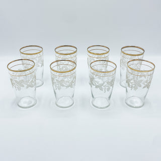 Vintage 1940's Gold Rimmed Bartlett Collins Frosted Grape Tumblers With Caddy Holder