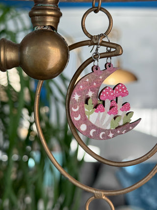 Natural Mystic Wood Mushroom Moon Earrings