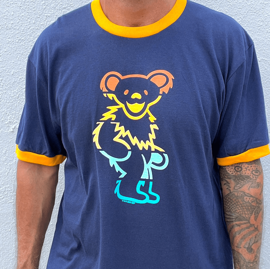 Grateful Dead Retro Stripes Bear Ringer T – Little Hippie Grateful Dead Retro Stripes Bear Ringer T – Little Hippie