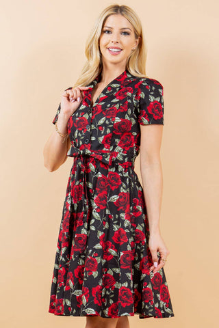 Retro Rose Print Fit & Flare Cotton Dress