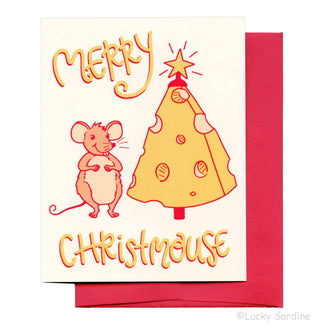 Merry Christ Mouse & Tree, Cheese Retro Christmas Card