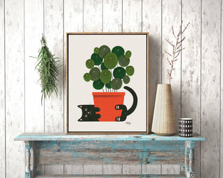 Black Cat Hugging Plant Art Print