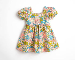 Girls' Puff Sleeve Dress in Blue 60s Psychedelic Floral