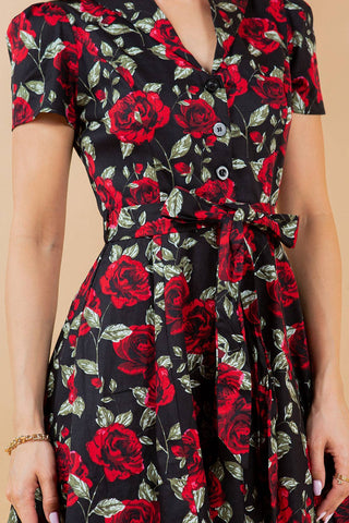 Retro Rose Print Fit & Flare Cotton Dress
