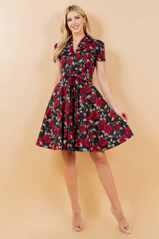 Retro Rose Print Fit & Flare Cotton Dress