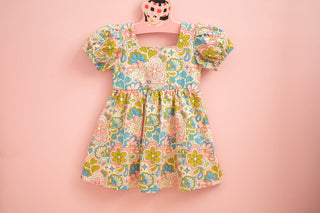 Girls' Puff Sleeve Dress in Blue 60s Psychedelic Floral