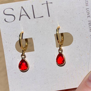 Ruby Red Gold Huggie Hoops