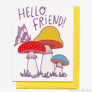 Hello Friend Cute Moth and Mushroom Greeting Card