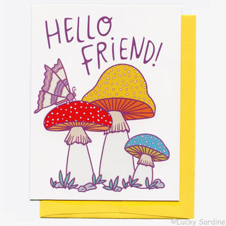Hello Friend Cute Moth and Mushroom Greeting Card
