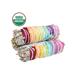 Stack of colorful, Rainbow 7 Chakras Floral White Sage Smudge Sticks.