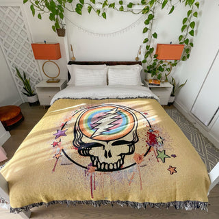 Grateful Dead Yellow Rainbow Splatter Steal Your Face Woven Cotton Blanket