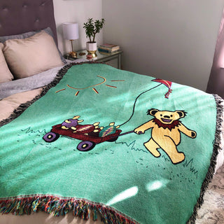 Grateful Dead Terrapin & Bear Red Wagon Woven Cotton Blanket | Little Hippie