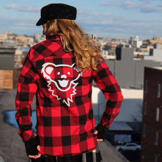Grateful Dead Dancing Bear Face Red/Black Women's Flannel | Little Hippie