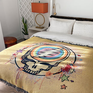 Grateful Dead Yellow Rainbow Splatter Steal Your Face Woven Cotton Blanket