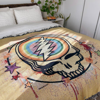 Grateful Dead Yellow Rainbow Splatter Steal Your Face Woven Cotton Blanket