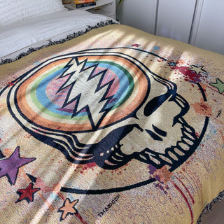 Grateful Dead Yellow Rainbow Splatter Steal Your Face Woven Cotton Blanket