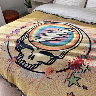 Grateful Dead Yellow Rainbow Splatter Steal Your Face Woven Cotton Blanket