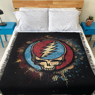 Grateful Dead Spray Paint Steal Your Face Woven Cotton Blanket Red & Blue