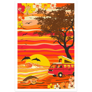 Van Camping on a Hawaii Beach Poster Print 12" x 18" | Little Hippie