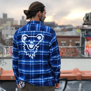Grateful Dead Bear Face Flannel, blue and white on model