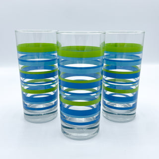 Vintage 1970s/1980s Glassware Blue & Green Stripes Glasses Set of 3