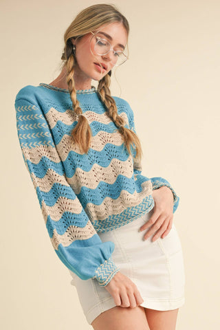 Wavy Stripe Puff Sleeve Sweater