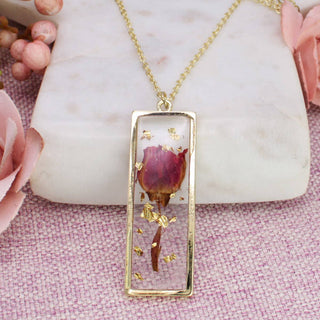 Gold Bar Red Dried Flower Necklace